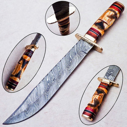 Heritage Forge Damascus Hunting Knife Engraved Camel Bone Hardwood Handle with Brass Bolster