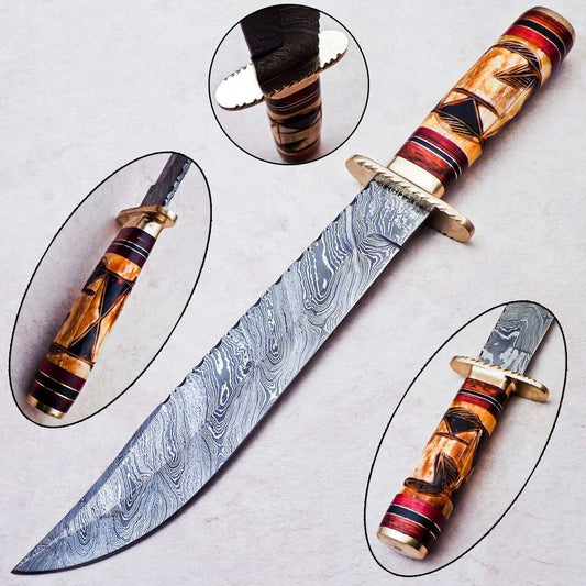 Heritage Forge Damascus Hunting Knife Engraved Camel Bone Hardwood Handle with Brass Bolster