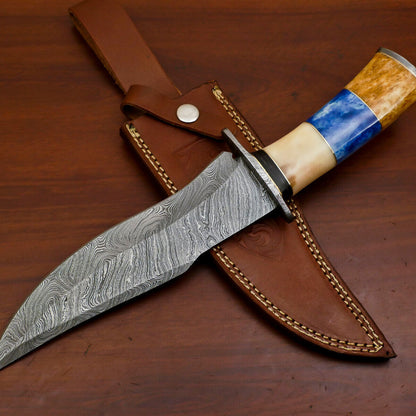 Heritage Forge Damascus Steel Bowie Hunting Knife with Camel Bone and Pakka Wood Handle