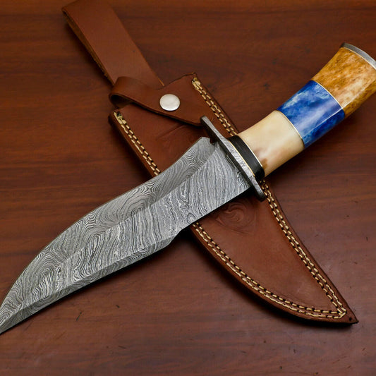 Heritage Forge Damascus Steel Bowie Hunting Knife with Camel Bone and Pakka Wood Handle