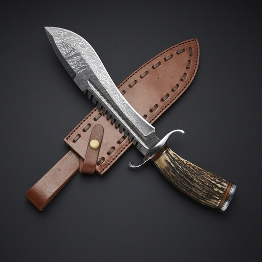 Heritage Forge Damascus Steel Bowie Knife with Antler Stag Handle Full Tang Hunting Knife