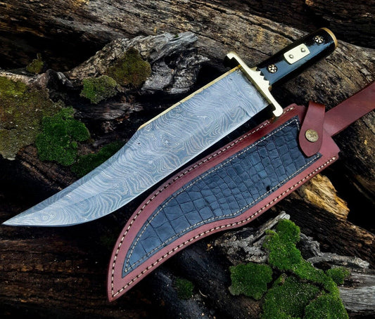 Heritage Forge Damascus Steel Bowie Knife with Black Horn Handle and Leather Sheath for Survival and Hunting