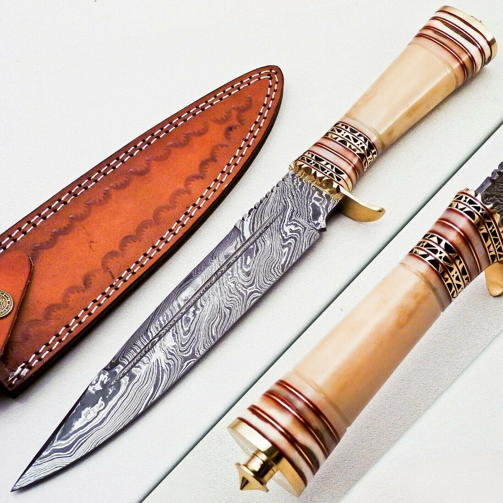 Heritage Forge Damascus Steel Bowie Knife with Camel Bone Handle and Leather Sheath