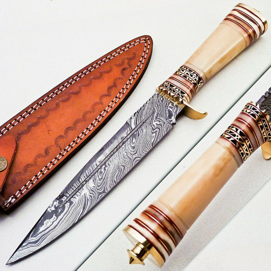 Heritage Forge Damascus Steel Bowie Knife with Camel Bone Handle and Leather Sheath