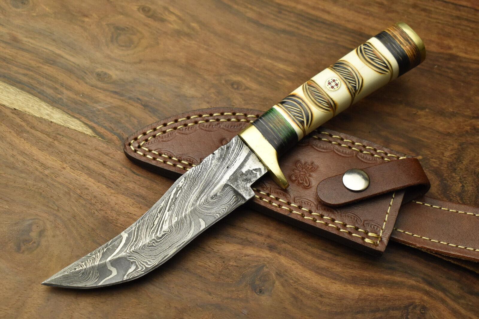 Heritage Forge Damascus Steel Bowie Knife with Camel Bone Handle for Hunting and Survival