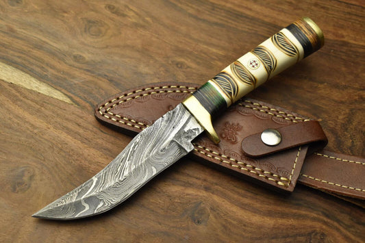 Heritage Forge Damascus Steel Bowie Knife with Camel Bone Handle for Hunting and Survival