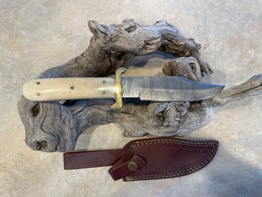 Heritage Forge Damascus Steel Bowie Knife with Natural Bone Handle and Brass Hilt

