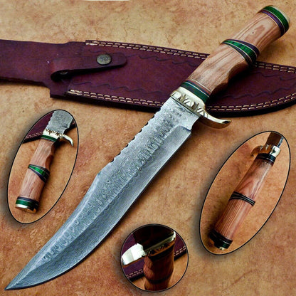 Heritage Forge Damascus Steel Bowie Knife with Olive Wood Handle for Camping and Hunting