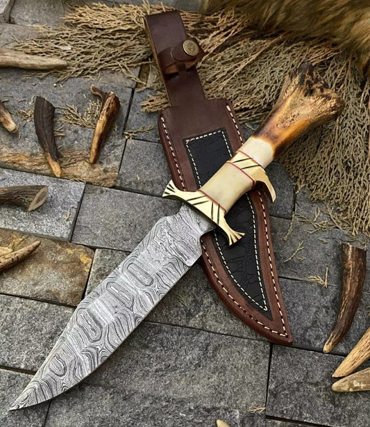 Heritage Forge Damascus Steel Bowie Knife with Rosewood and Bone Handle – Handmade with Leather Sheath