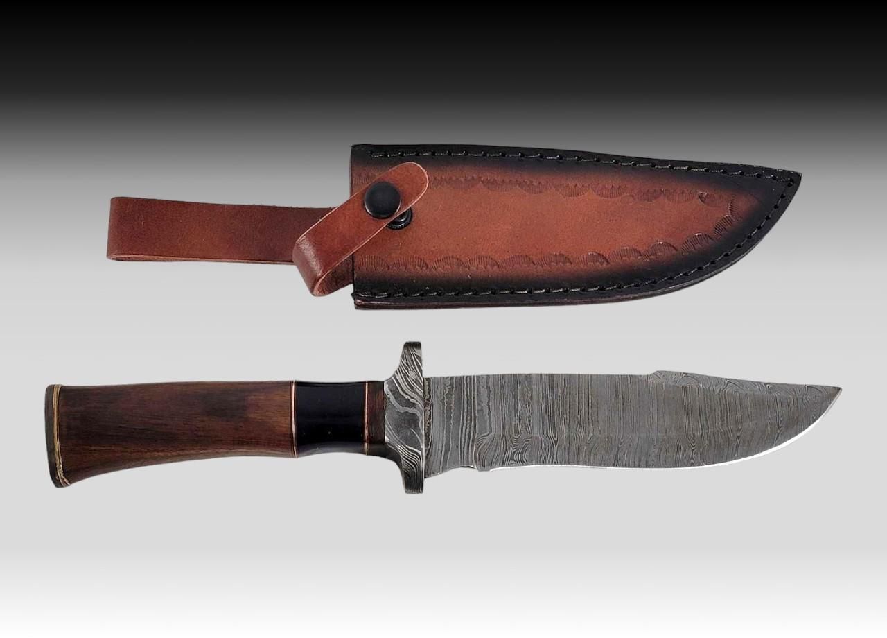 Heritage Forge Damascus Steel Bowie Knife with Wood Handle and Sheath