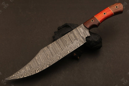 Heritage Forge 15 Inch Damascus Steel Bowie Knife with Wood Handle for Hunting and Camping