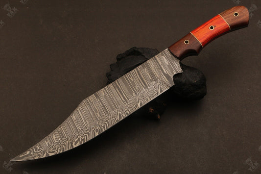 Heritage Forge 15 Inch Damascus Steel Bowie Knife with Wood Handle for Hunting and Camping