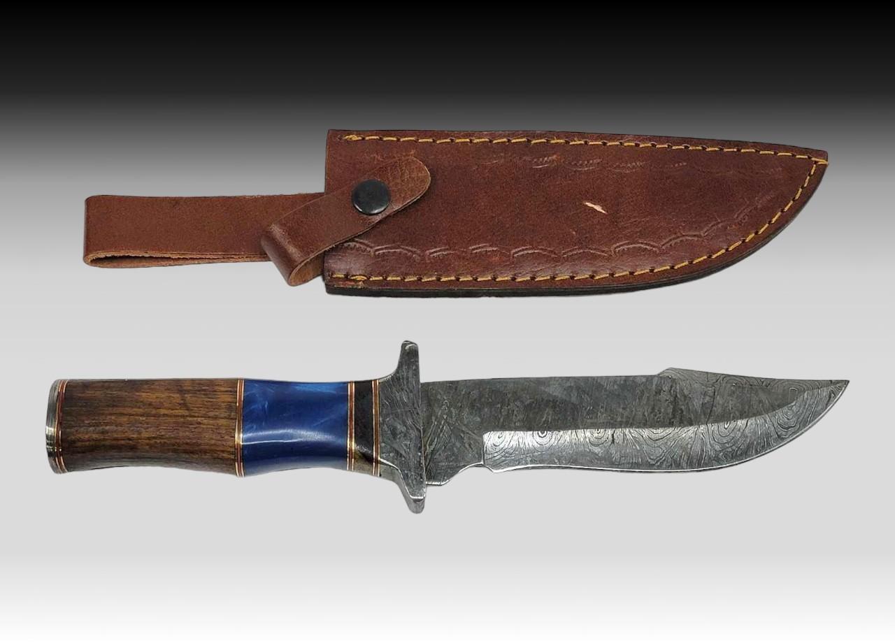 Heritage Forge Damascus Steel Bowie Knife with Wood and Blue Resin Handle