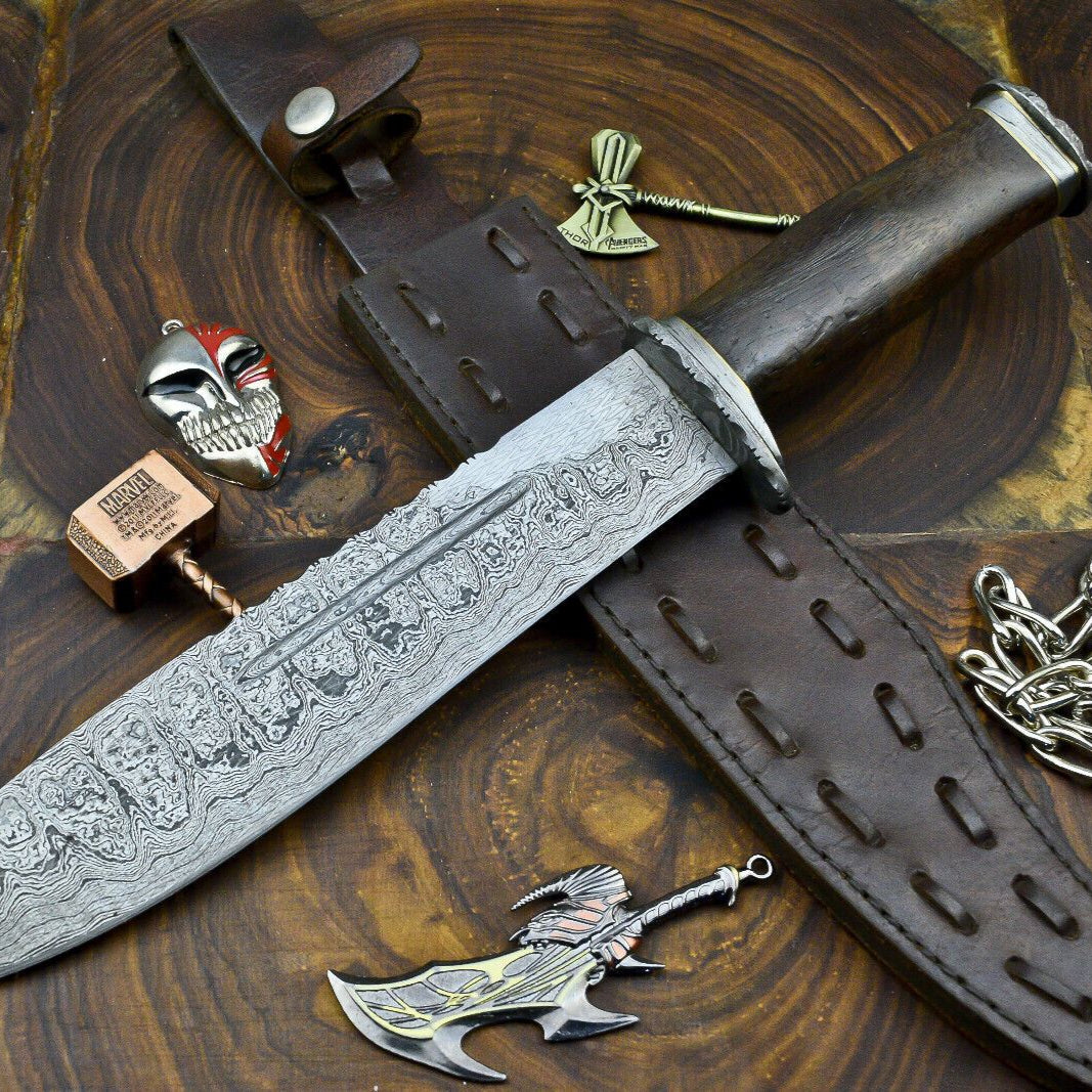 Heritage Forge Damascus Steel Bowie Knife with Wooden Handle | 12 Inch Hunting and Camping Knife