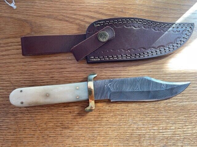 Heritage Forge Damascus Steel Coffin Handle Bowie Knife Natural Bone Grip with Leather Sheath