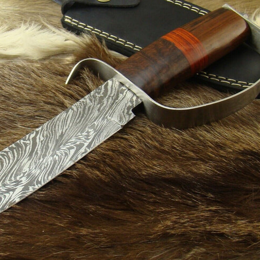 Heritage Forge Damascus Steel D-Guard Bowie Knife with Rosewood and Pakkawood Handle