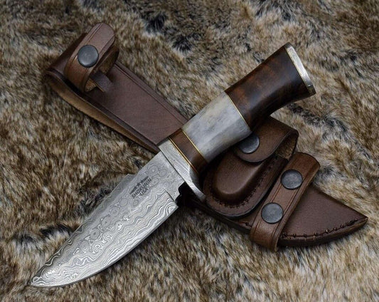 Heritage Forge Damascus Steel Fixed Blade Hunting Knife Wood Handle with Sheath
