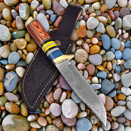 Heritage Forge Damascus Steel Full Tang Bowie Hunting Knife with Wood Handle and Leather Sheath