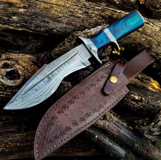Heritage Forge Damascus Steel Hunting Bowie Knife Blue Wood Handle with Leather Sheath