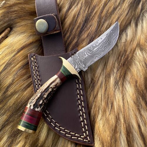 Heritage Forge Damascus Steel Hunting Bowie Knife with Antler Handle and Leather Sheath