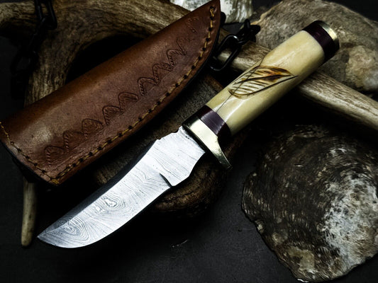 Heritage Forge Damascus Steel Hunting Knife with Bone Handle and Leather Sheath