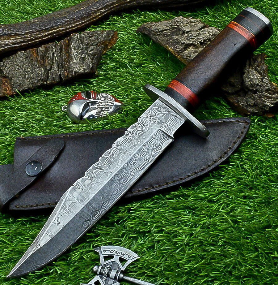 Heritage Forge Damascus Steel Hunting Knife with Wood Handle | 12 Inch Handmade Bowie Knife