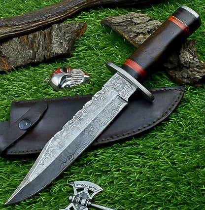 Heritage Forge Damascus Steel Hunting Knife with Wood Handle | 12 Inch Handmade Bowie Knife