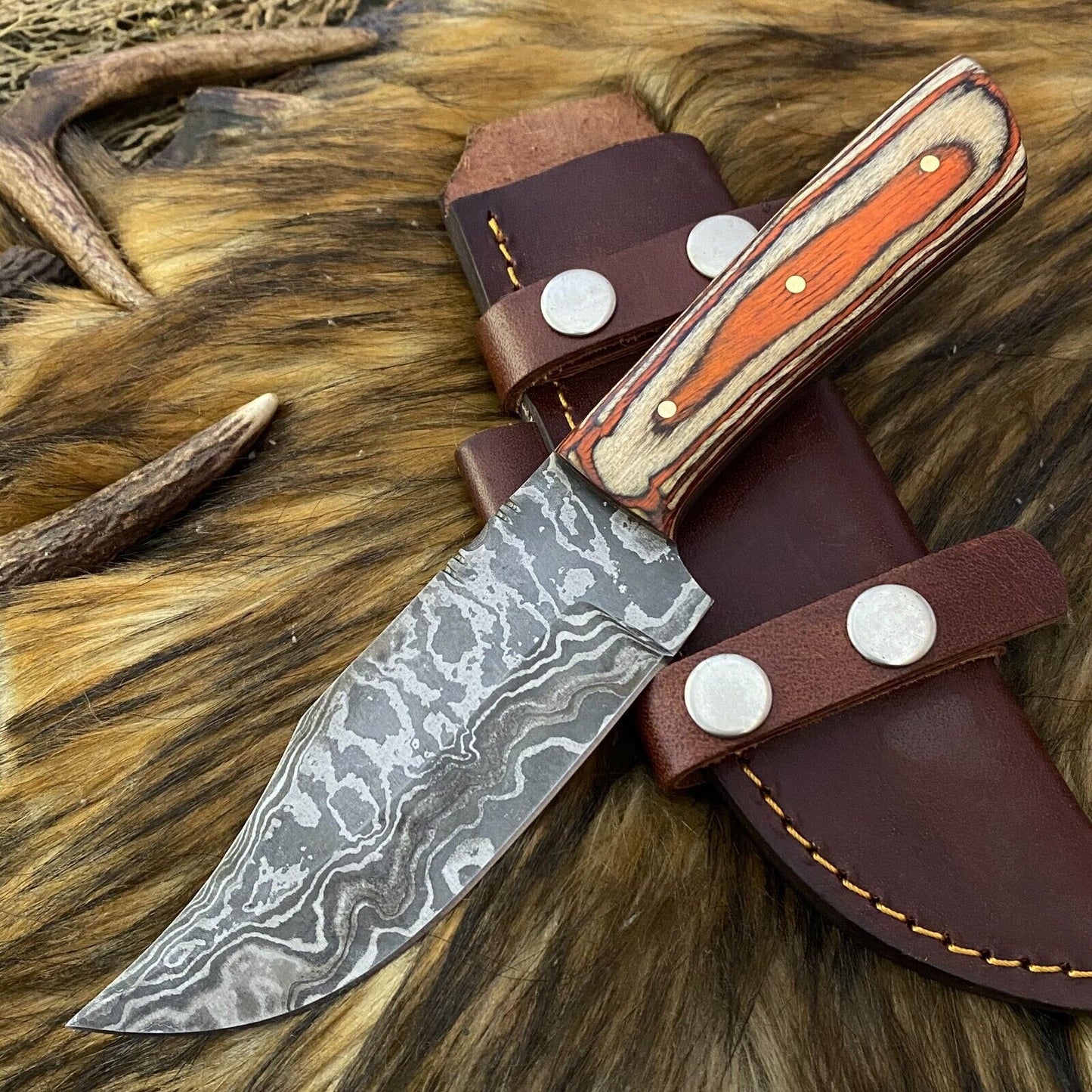Heritage Forge Damascus Steel Hunting Skinner Knife with Rosewood Handle and Leather Sheath – Full Tang Blade