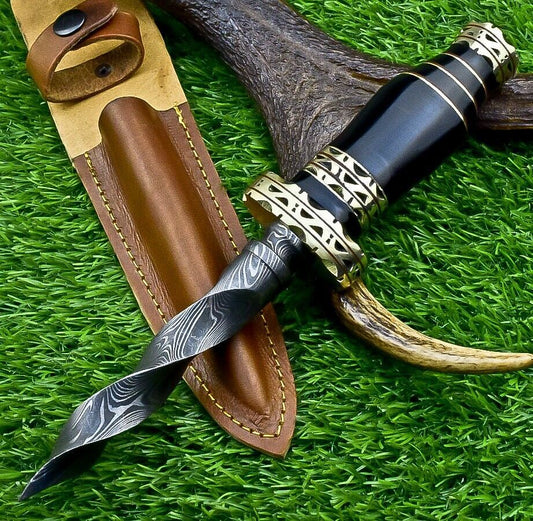 Heritage Forge 10 Inch Damascus Steel Kris Dagger knife with Bull Horn Handle for Hunting and Camping