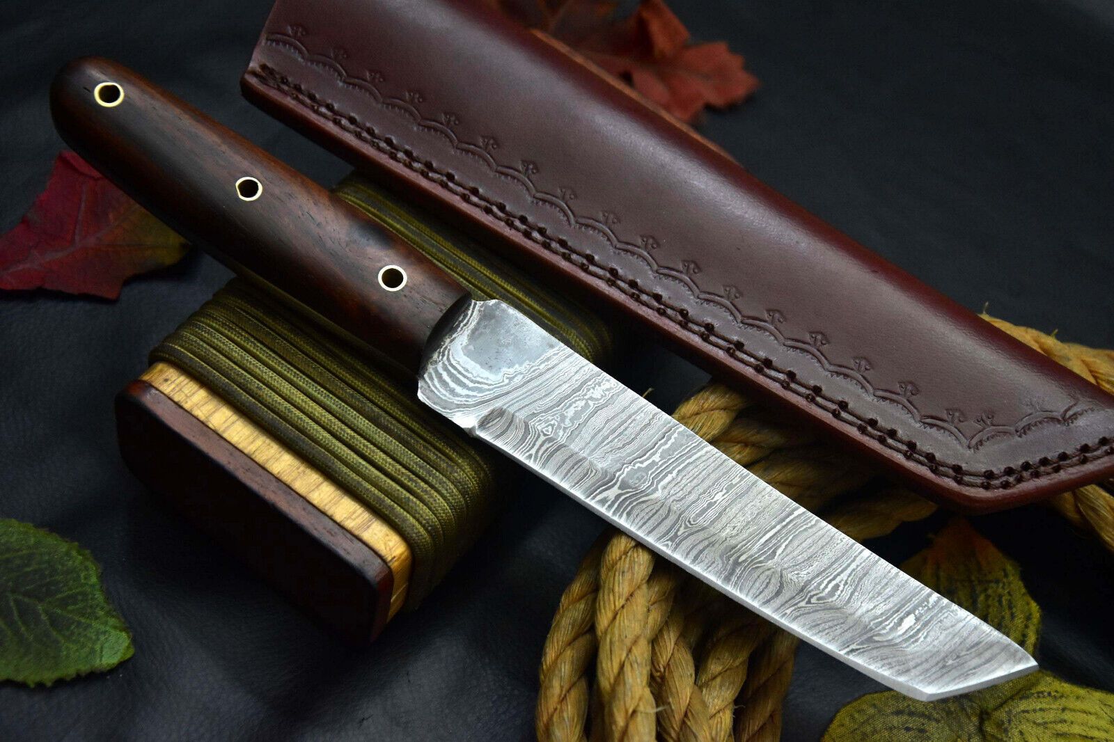 Heritage Forge Damascus Steel Tanto Hunting Knife with Walnut Handle – Full Tang Handmade Blade with Sheath