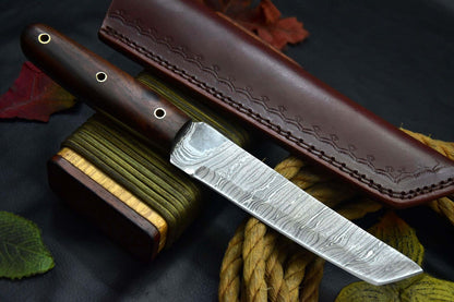 Heritage Forge Damascus Steel Tanto Hunting Knife with Walnut Handle – Full Tang Handmade Blade with Sheath