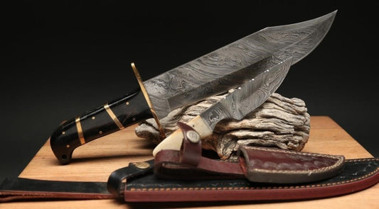 Heritage Forge Damascus Style Bowie and Hunting Knife Set with Bone Look Handle and Leather Sheath