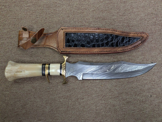 Heritage Forge Delta Style Large Bowie Knife with Antler Look Handle and Damascus Pattern Blade 9 Inch with Sheath