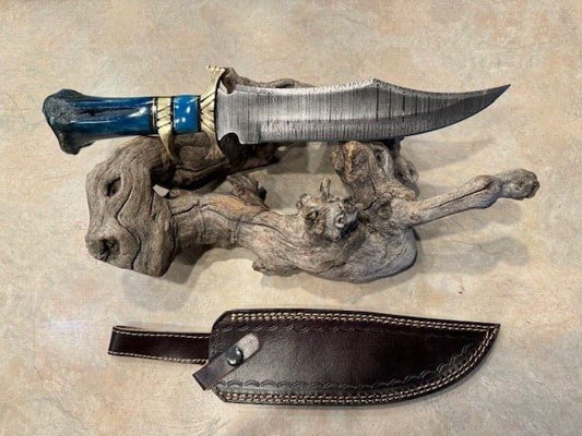Heritage Forge Extra Large Damascus Steel Bowie Knife with Blue Bone Handle and Leather Sheath – A72
