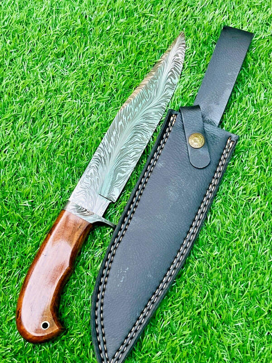 Heritage Forge Feather Pattern Damascus Steel Bowie Knife Wood Handle for Outdoor EDC