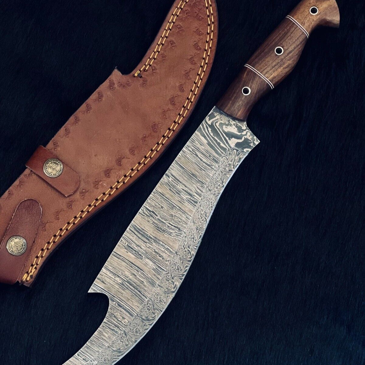 Heritage Forge 15.5 Inch Fire Damascus Steel Machete Knife with Camel Bone and Wood Handle