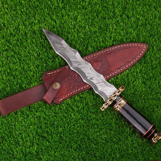 Heritage Forge Full Tang Damascus Steel Classic Bowie Knife with Resin Handle – Handmade Hunting Knife with Leather Sheath