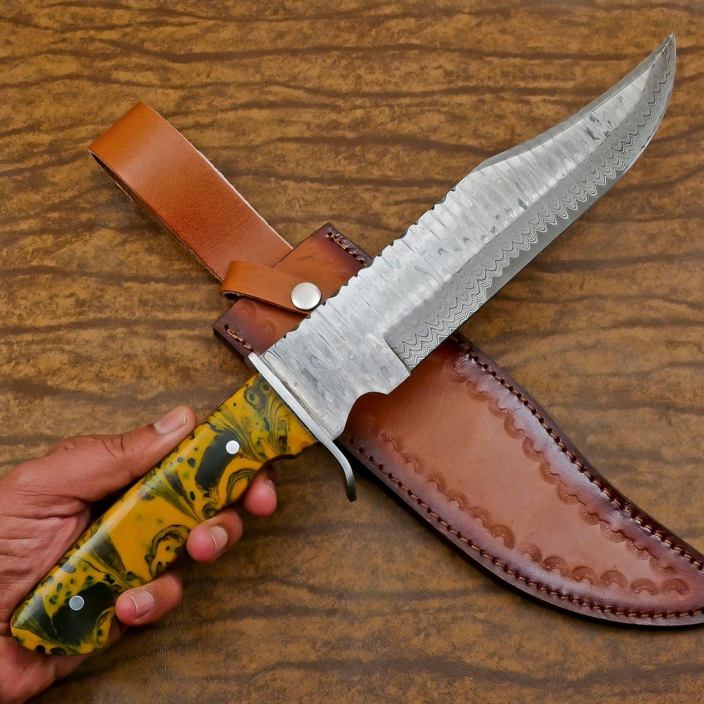 Heritage Forge Full Tang Handmade Damascus Steel Bowie Hunting Knife Wood Handle