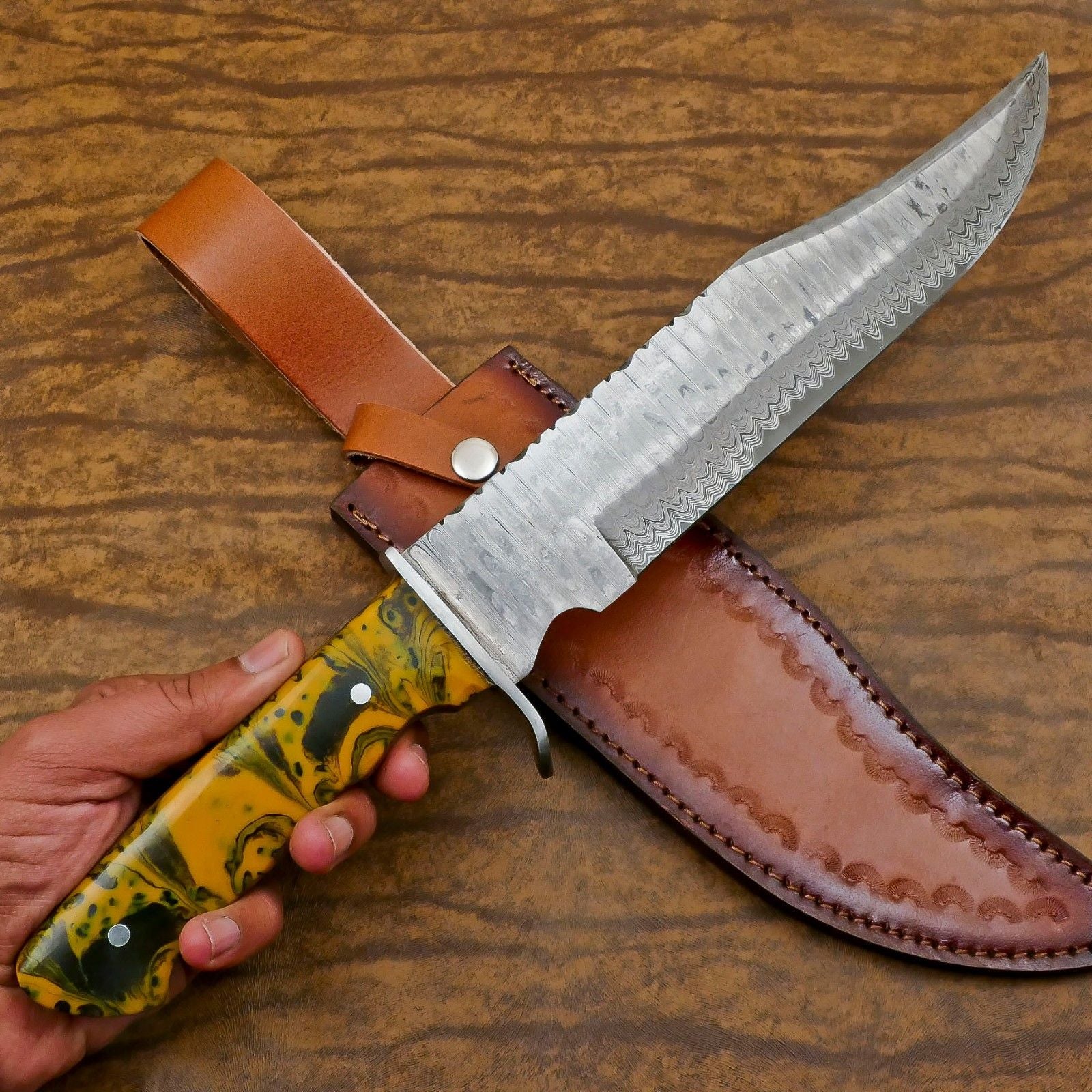 Heritage Forge Full Tang Handmade Damascus Steel Bowie Hunting Knife Wood Handle