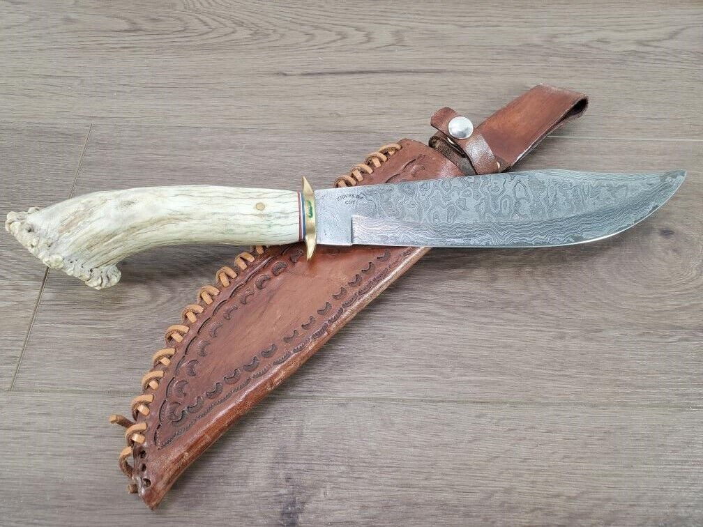 Heritage Forge Handmade Damascus Bowie Knife Stag Handle Hunting Knife 9.5 Inch Blade