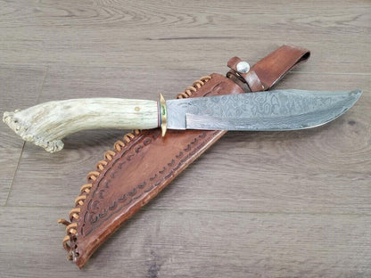 Heritage Forge Handmade Damascus Bowie Knife Stag Handle Hunting Knife 9.5 Inch Blade