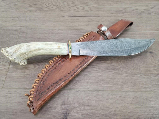 Heritage Forge Handmade Damascus Bowie Knife Stag Handle Hunting Knife 9.5 Inch Blade
