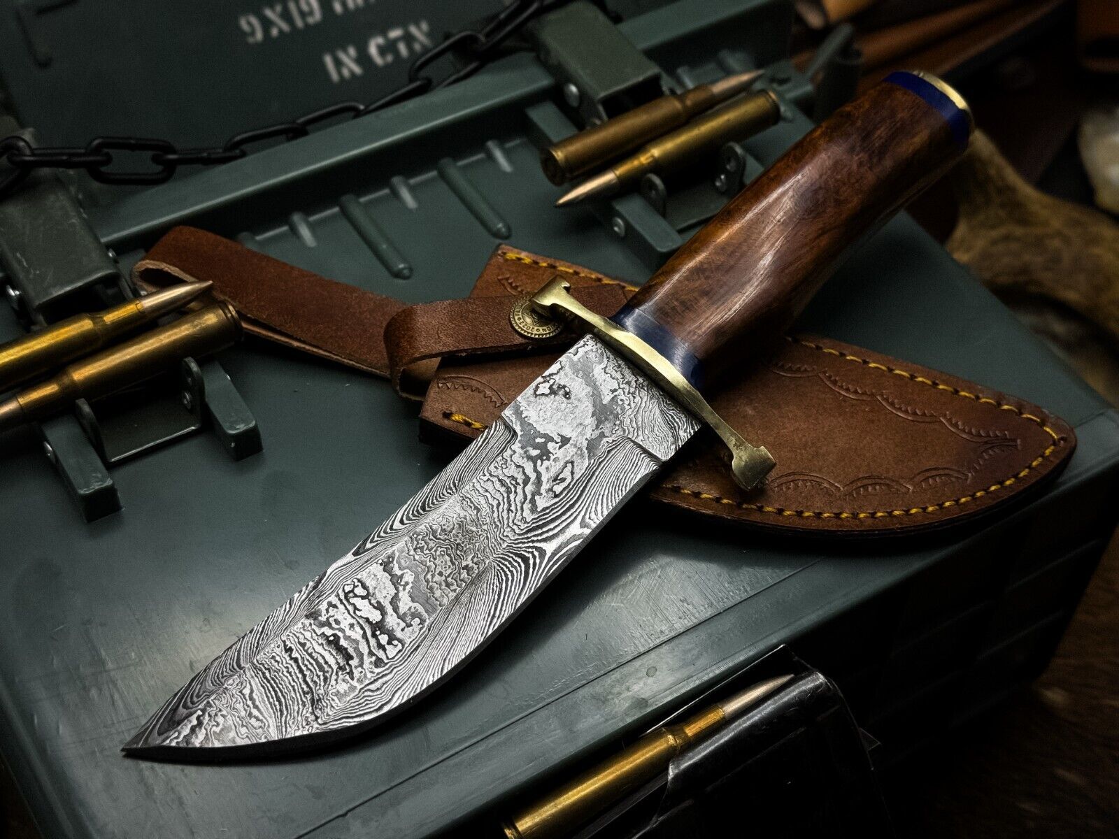 Heritage Forge Handmade Damascus Bowie Knife with Twist Hard Wood Handle and Sheath