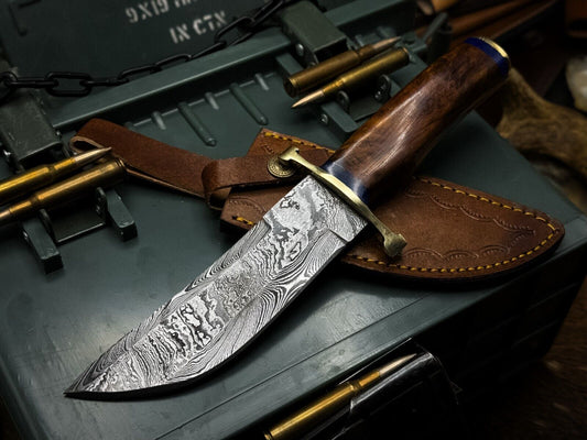 Heritage Forge Handmade Damascus Bowie Knife with Twist Hard Wood Handle and Sheath