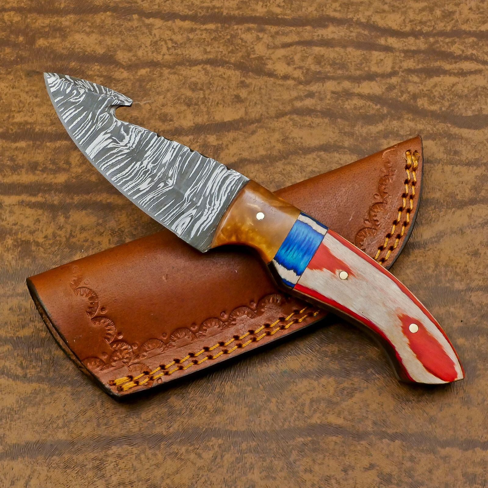 Heritage Forge Handmade Damascus Gut Hook Skinner Hunting Knife with Resin and Wood Handle – Custom Fixed Blade