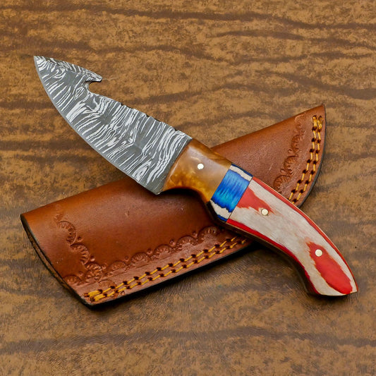 Heritage Forge Handmade Damascus Gut Hook Skinner Hunting Knife with Resin and Wood Handle – Custom Fixed Blade