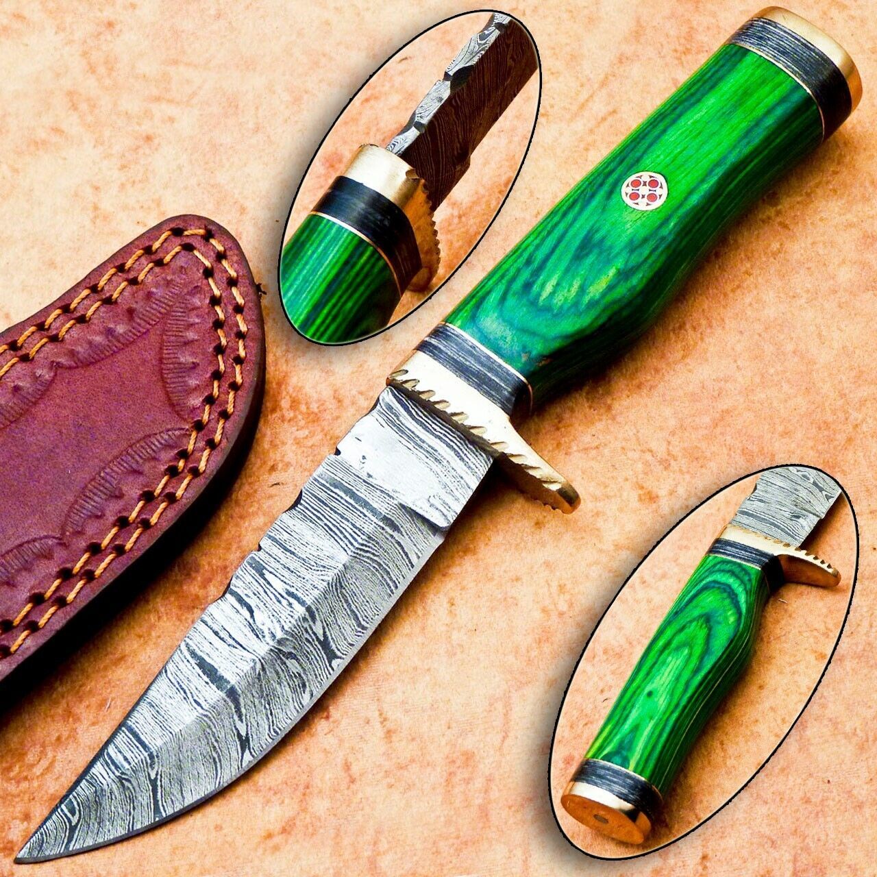 Heritage Forge 8 Inch Handmade Damascus Hunting Knife with Hardwood Handle and Leather Sheath