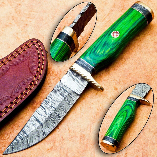 Heritage Forge 8 Inch Handmade Damascus Hunting Knife with Hardwood Handle and Leather Sheath