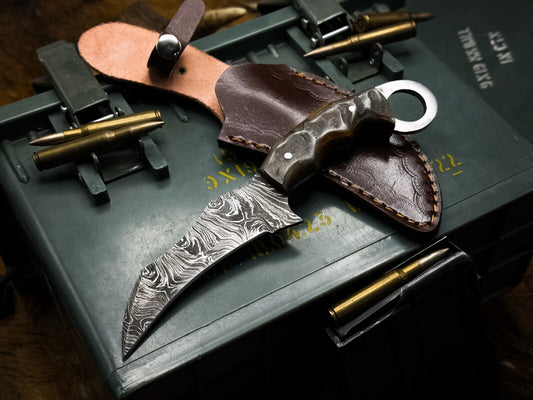 Heritage Forge Handmade Damascus Karambit Hunting Knife with Ram Horn Handle and Leather Sheath