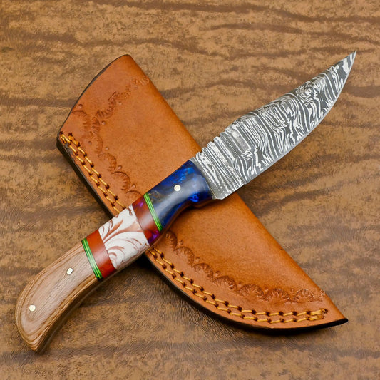 Heritage Forge Handmade Damascus Skinner Hunting Knife with Resin and Wood Handle – Custom Fixed Blade